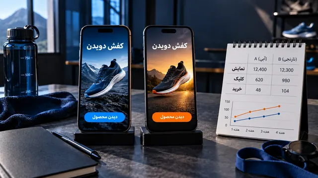 دو نسخهٔ پیام فروش کفش روی تلفن‌های همراه کنار جدول نتیجهٔ آزمون