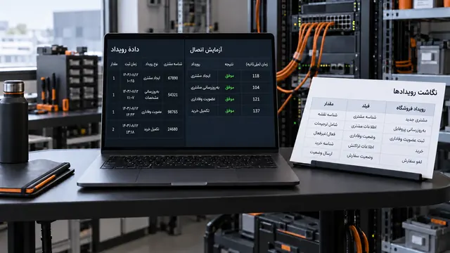 قرارداد رویدادهای مشتری و نتیجهٔ تست اتصال API روی لپ‌تاپ