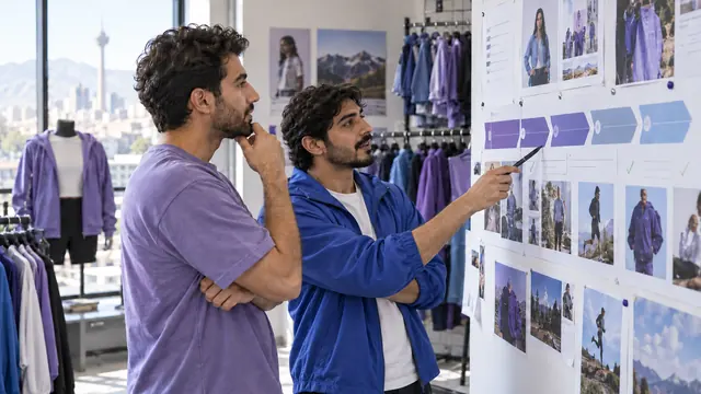 دو همکار در فروشگاه پوشاک ورزشی در حال بررسی مسیر ارتباط با مشتری