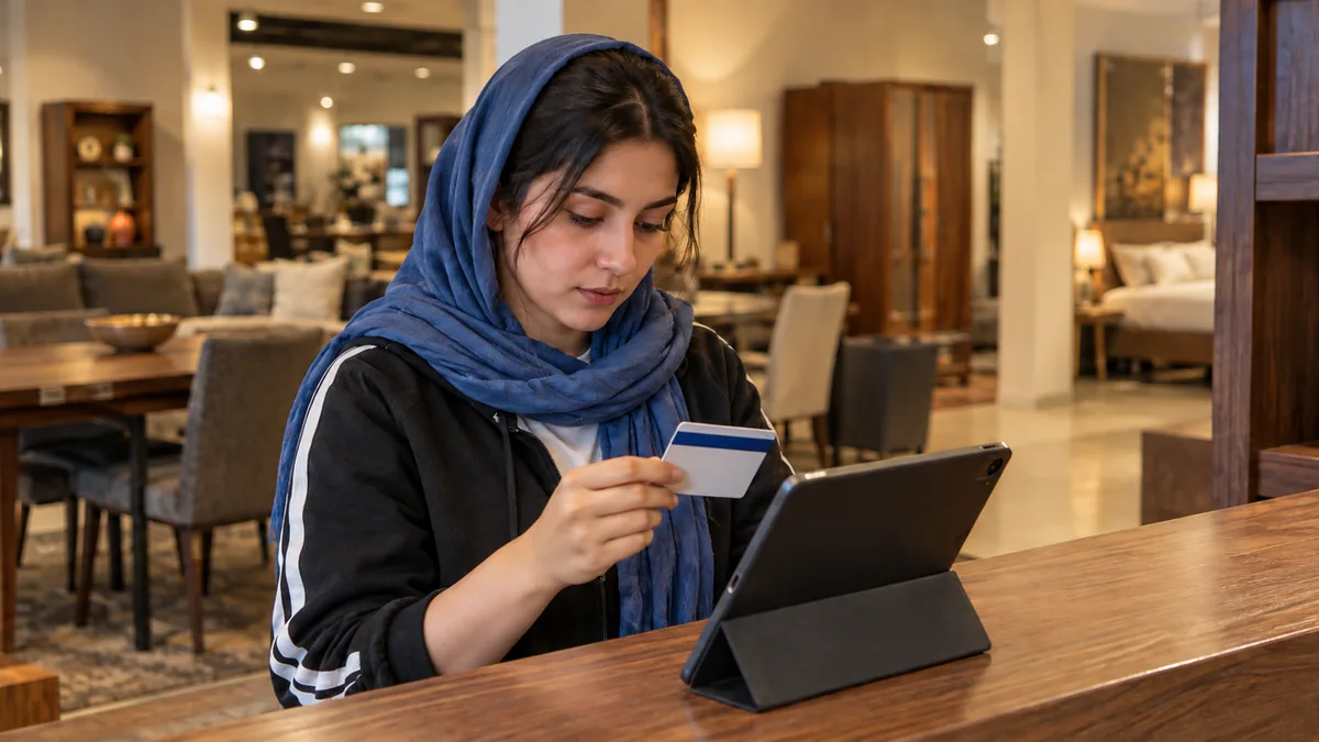 کارمند فروشگاه کارت عضویت قدیمی را کنار تبلت بررسی می‌کند