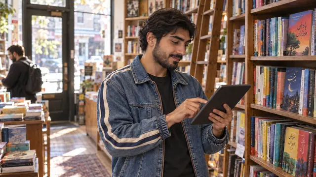 فروشندهٔ کتاب در حال مرور اطلاعات مشتریان روی تبلت