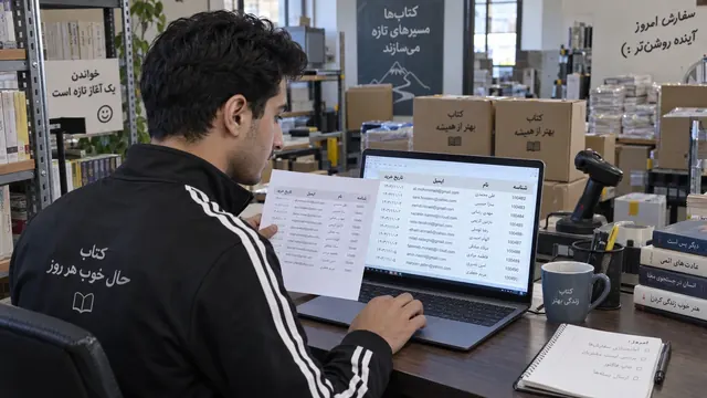 کارمند فروشگاه کتاب در حال مقایسهٔ فایل مشتریان روی کاغذ و لپ‌تاپ