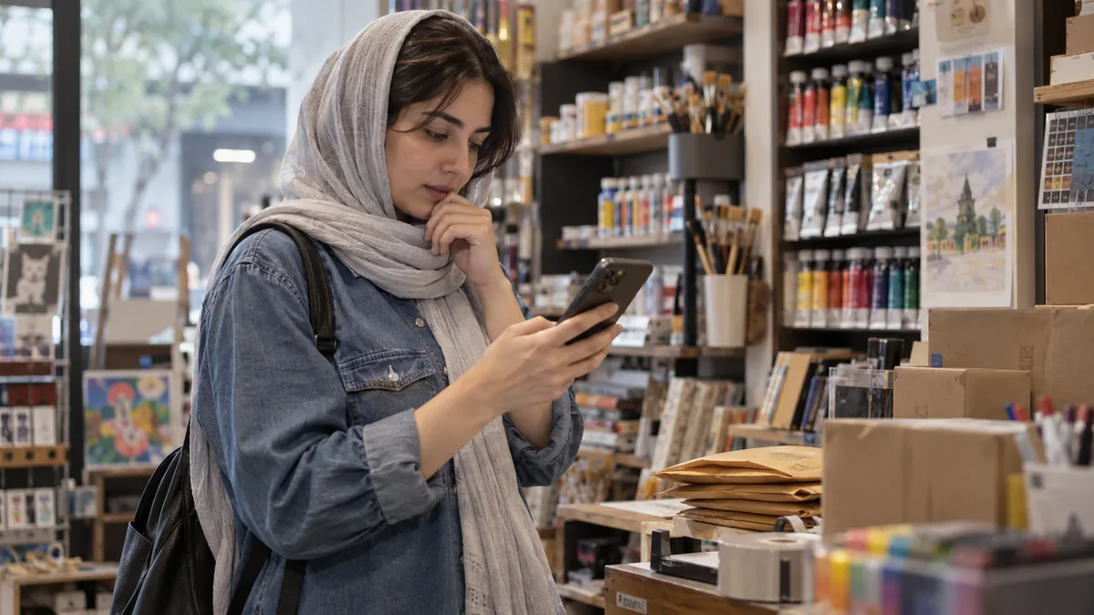 زن با یک شال ساده هنگام ثبت‌نام با گوشی در فروشگاه ابزار هنری مکث می‌کند