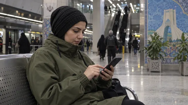 زنی با کلاه بافتنی در حال بررسی تنظیمات پیام روی تلفن همراه