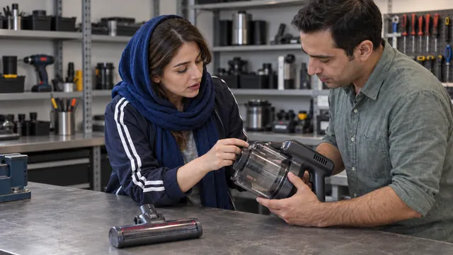 زن با یک شال ساده و همکارش جاروبرقی خراب مشتری را در مرکز تعمیر بررسی می‌کنند