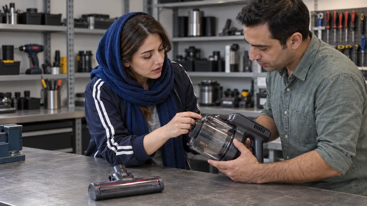 زن با یک شال ساده و همکارش جاروبرقی خراب مشتری را در مرکز تعمیر بررسی میکنند