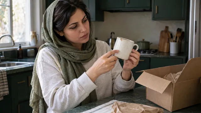 مشتری لیوان لب‌پریدهٔ سفارش اول را پس از بازکردن بسته بررسی می‌کند