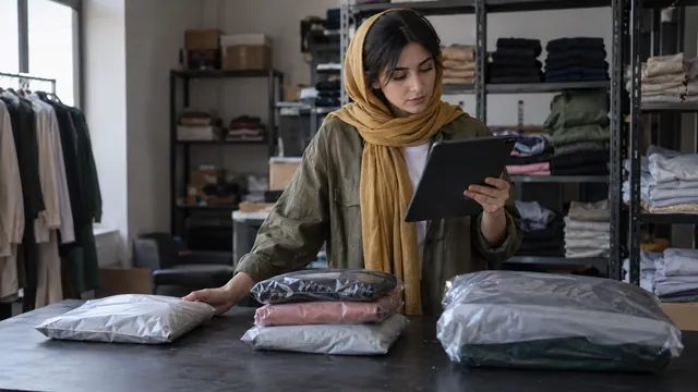 فروشندهٔ پوشاک با یک شال ساده سه گروه سفارش را در انبار کوچک بررسی میکند